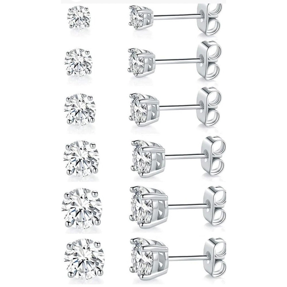 18K White Gold Plated 4 Pong round Clear Cubic Zirconia Stud Earring Set 8 Pairs